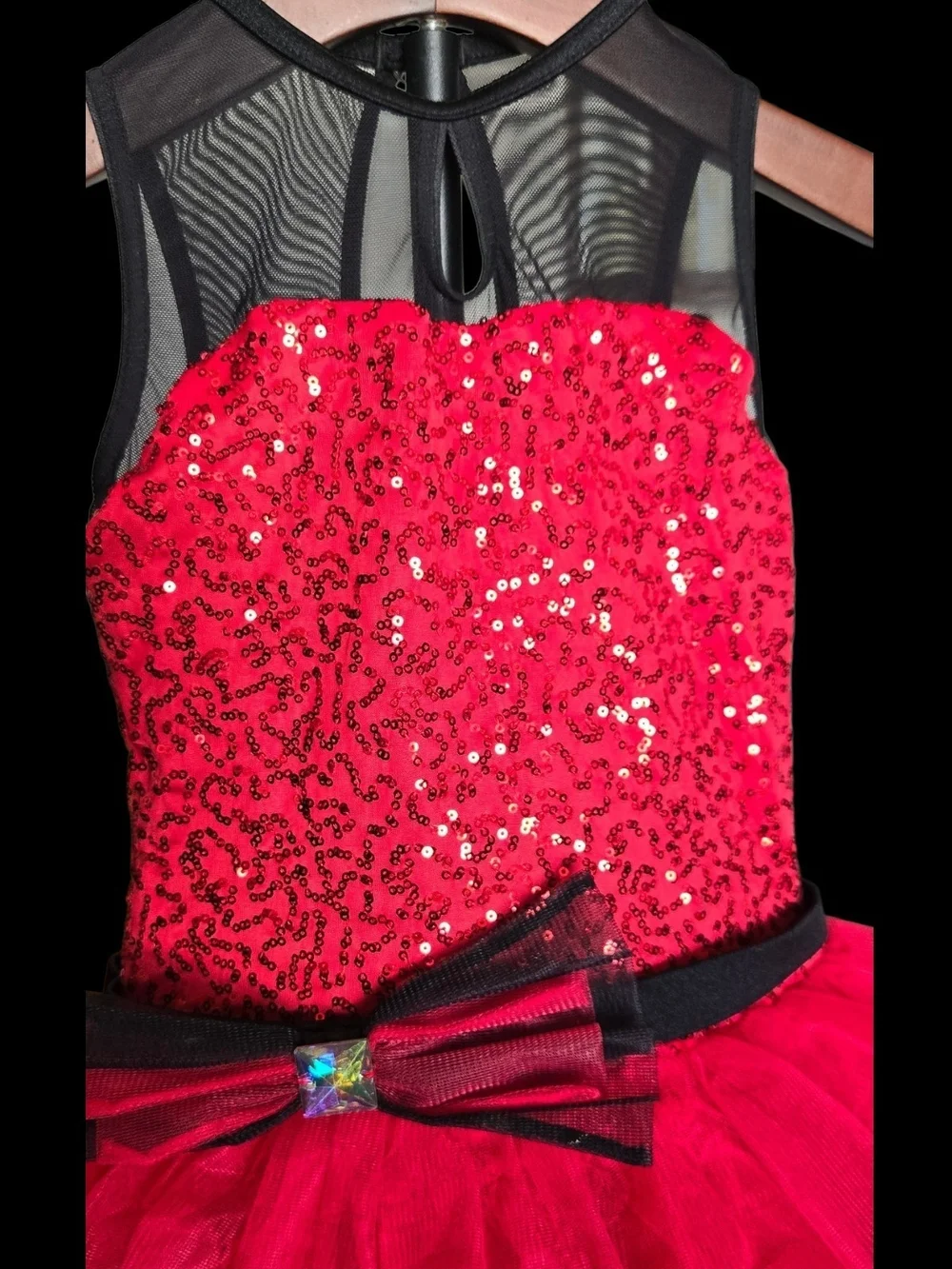 Weissman Girls Red Sequin Tulle Competition Dance Dress w/ Black Accents Sz 7/8